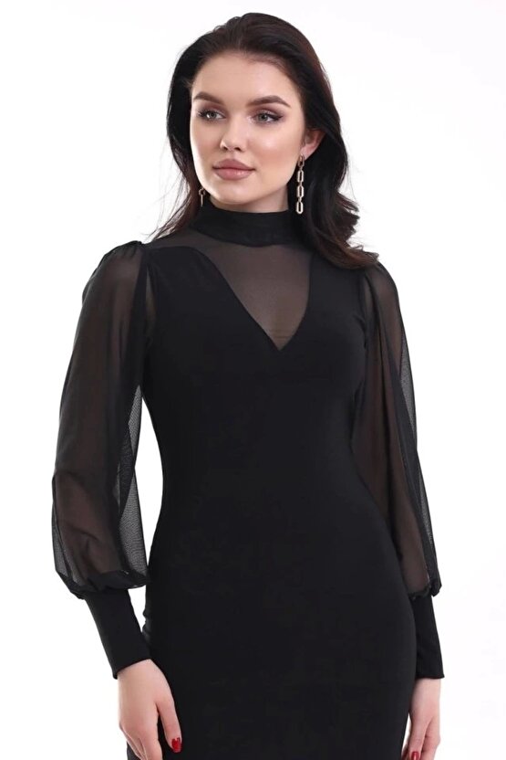 Kadın Balıkçı Yaka Transparan Detay Fırsat ürün andy Kumaş ini Elbise