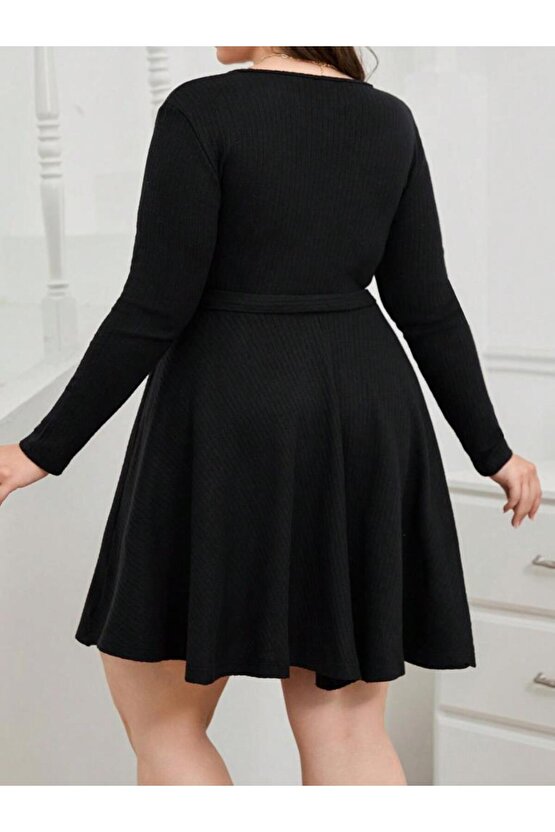 Kadın Uzun Kollu Kruvaze Yaka Kuşak Detay Salaş şardonlu Kaşkorse Mini Elbise