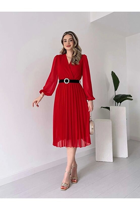 Kadın şifon Kumaş Astalı Kloş Kesim Kruvaze Yaka idi Boy Elbise