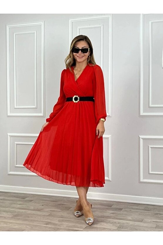 Kadın şifon Kumaş Astalı Kloş Kesim Kruvaze Yaka idi Boy Elbise