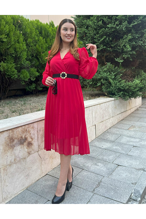 Gökyüzü Moda Kadın şifon Kumaş Astalı Kloş Kesim Kruvaze Yaka Midi Boy Elbise