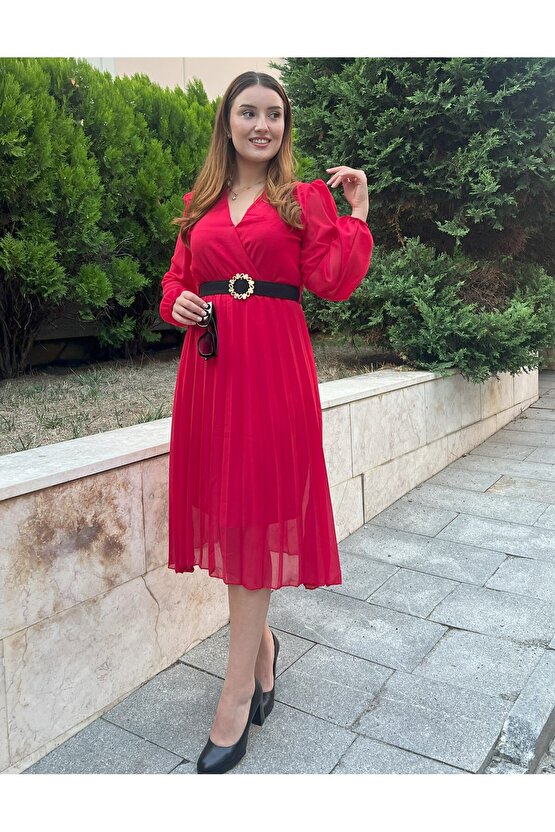 Gökyüzü Moda Kadın şifon Kumaş Astalı Kloş Kesim Kruvaze Yaka Midi Boy Elbise