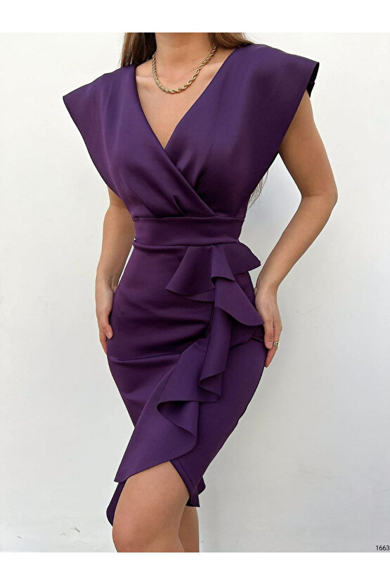 AhEs Shopping Scuba Kumaş Önü Fırfırlı Midi Boy Elbise