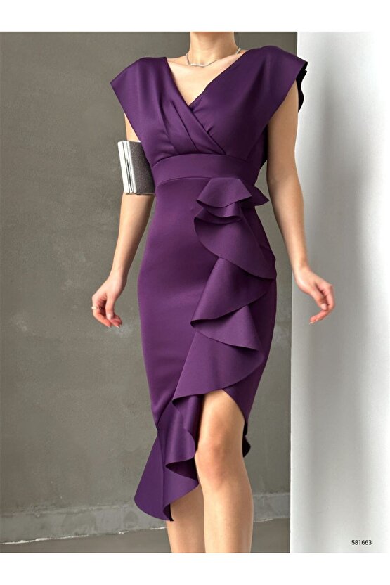 AhEs Shopping Scuba Kumaş Önü Fırfırlı Midi Boy Elbise