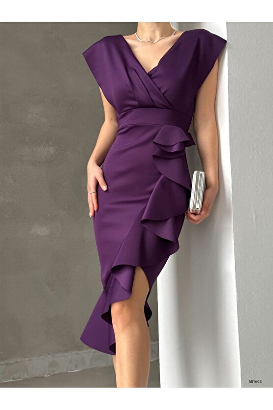 AhEs Shopping Scuba Kumaş Önü Fırfırlı Midi Boy Elbise