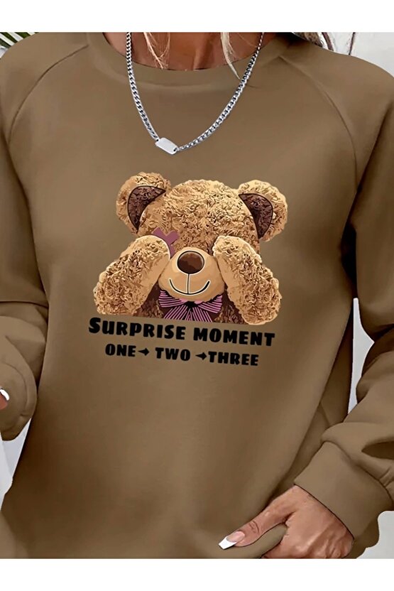 Kadın Uzun Kollu Bisiklet Yaka Ayıcık Desenli Viskon Iki Iplik Bluz