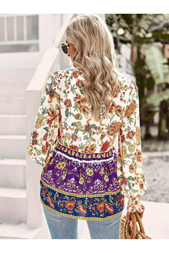 Gökyüzü Moda Kadın Uzun Kollu Yakası Açık Bağcıklı çiçek Desenli Salaş Bluz