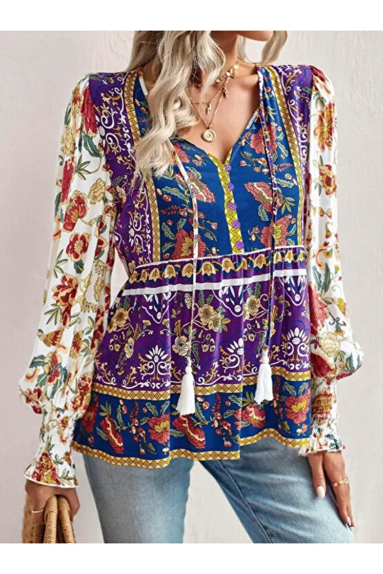 Gökyüzü Moda Kadın Uzun Kollu Yakası Açık Bağcıklı çiçek Desenli Salaş Bluz