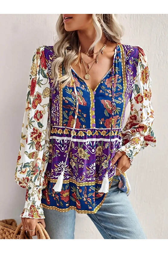 Gökyüzü Moda Kadın Uzun Kollu Yakası Açık Bağcıklı çiçek Desenli Salaş Bluz