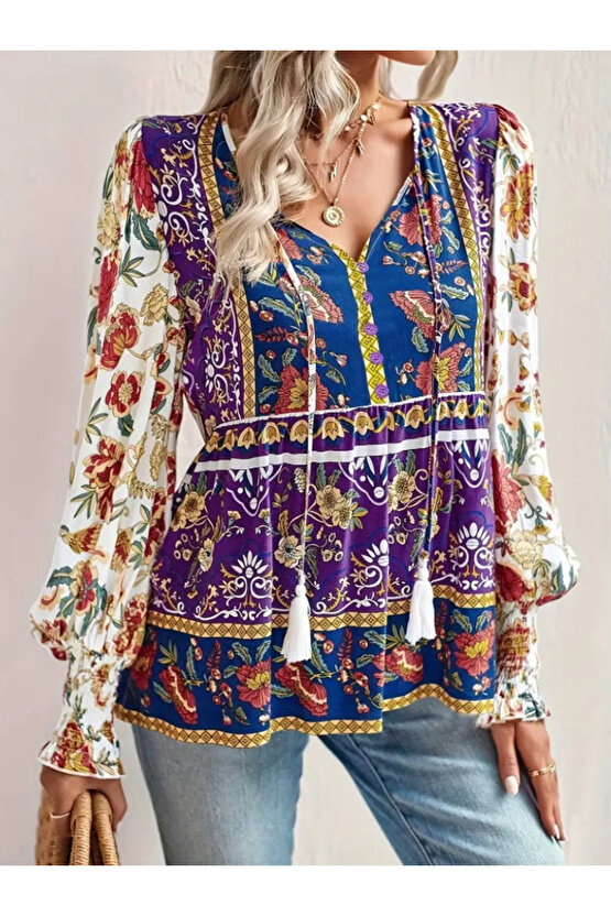 Gökyüzü Moda Kadın Uzun Kollu Yakası Açık Bağcıklı çiçek Desenli Salaş Bluz