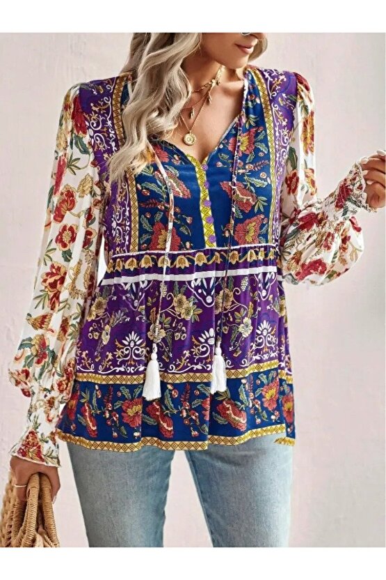 Gökyüzü Moda Kadın Uzun Kollu Yakası Açık Bağcıklı çiçek Desenli Salaş Bluz