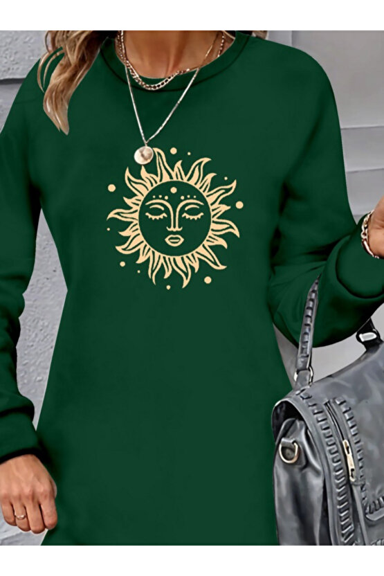 eyesof Kadın Uzun Kollu Bisiklet Yaka Güneş Desenli Viskon Iki Iplik Elbise