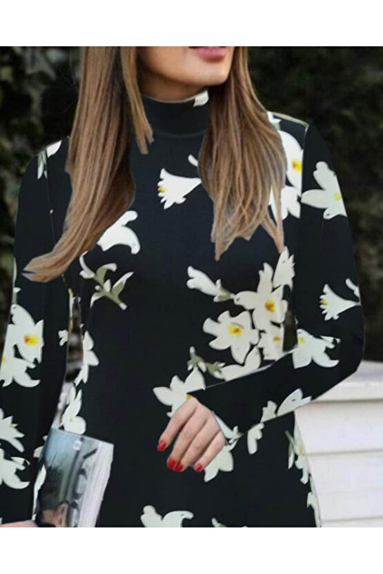 Gökyüzü Moda Kadın Balıkçı Yaka Uzun Kollu çiçek Desenli Krep Elbise