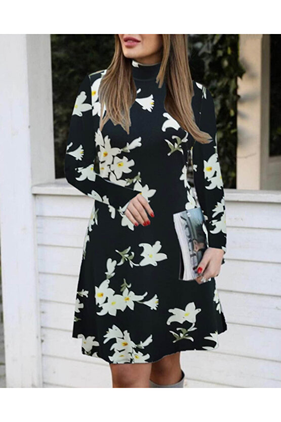 Gökyüzü Moda Kadın Balıkçı Yaka Uzun Kollu çiçek Desenli Krep Elbise
