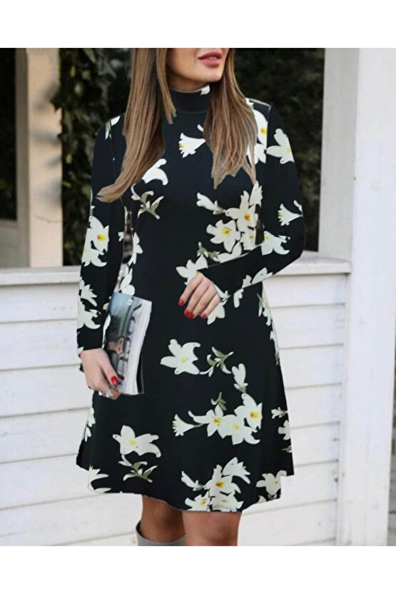 Gökyüzü Moda Kadın Balıkçı Yaka Uzun Kollu çiçek Desenli Krep Elbise