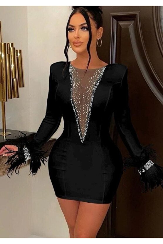 Gökyüzü Moda Kadın Dalgıç Kumaş Tül Ve Taş Aksesuarlı Kolları Tüylü Mini Boy Elbise