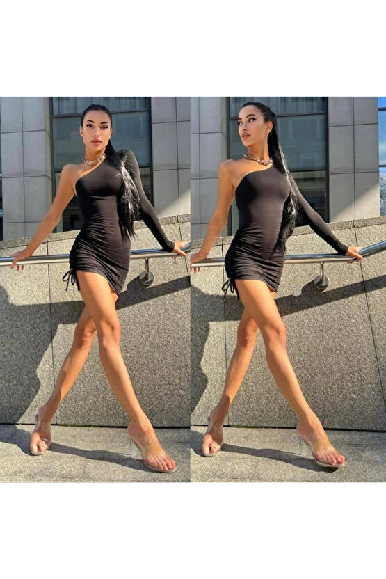 Kadın Omuz Dekolteli Asansör Büzgü Detay Fırsat ürün ini iyah Elbise