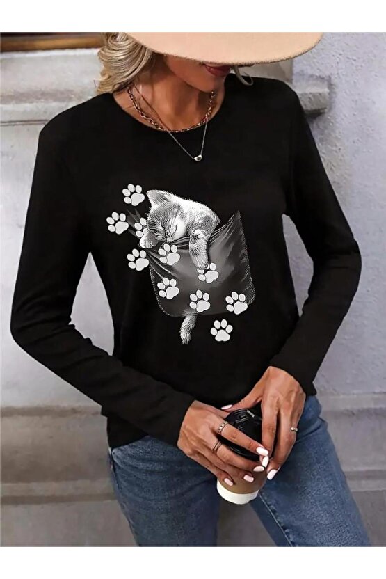 Kadın Uzun Kollu Bisiklet Yaka Desenli Viskon Bluz