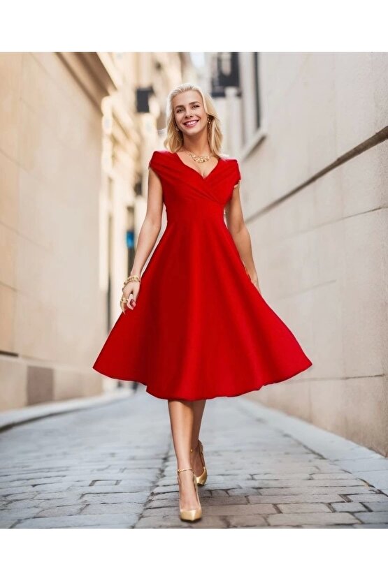 Kadın Kısa Kollu Kruvaze Yaka Eteği Volanlı Krep Elbise