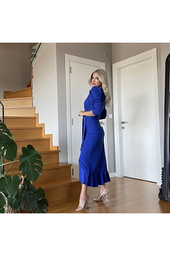 MDB Krep Kumaş idi Boy Kuşaklı Uzunkol Elbise