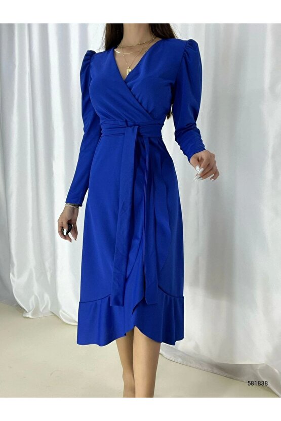 MDB Krep Kumaş idi Boy Kuşaklı Uzunkol Elbise