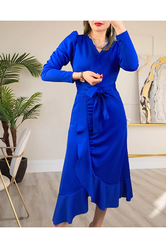 MDB Krep Kumaş idi Boy Kuşaklı Uzunkol Elbise