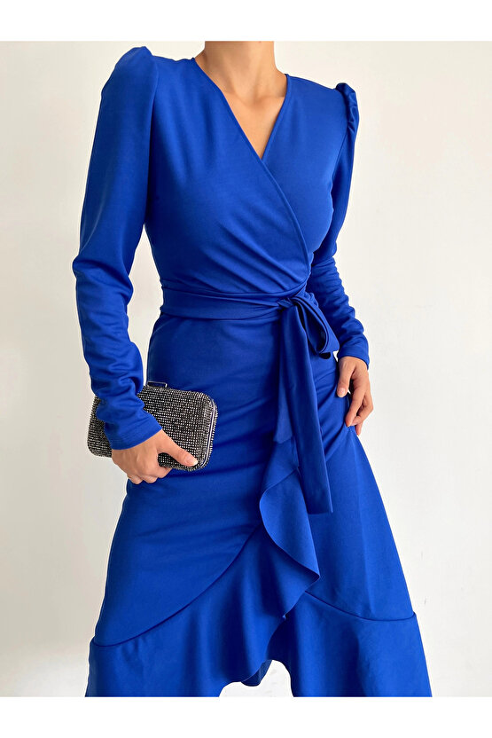 MDB Krep Kumaş idi Boy Kuşaklı Uzunkol Elbise