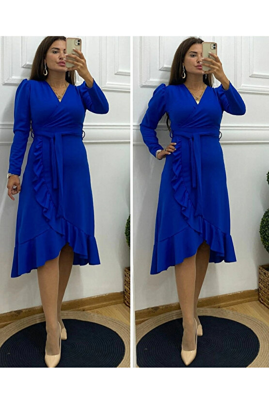 MDB Krep Kumaş idi Boy Kuşaklı Uzunkol Elbise