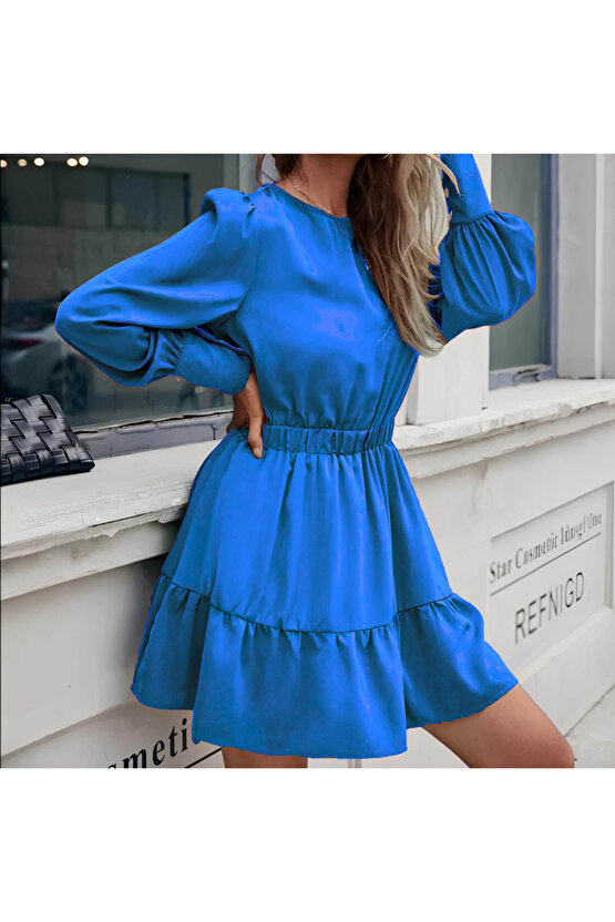 Gökyüzü Moda Kadın Uzun Kollu Bisiklet Yaka Beli Lastikli Fırfırlı Ithal Krep Elbise