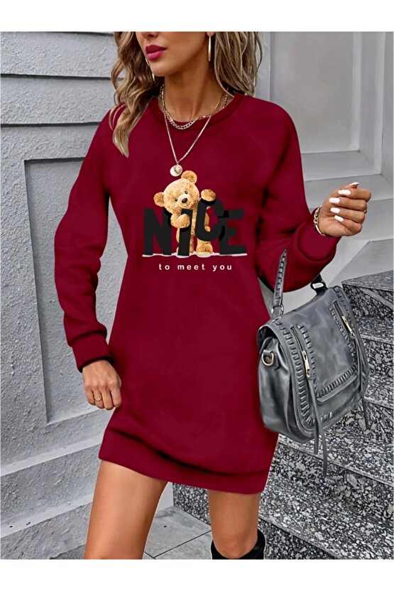 Kadın Uzun Kollu Bisiklet Yaka Ayı Desenli Viskon Iki Iplik Elbise