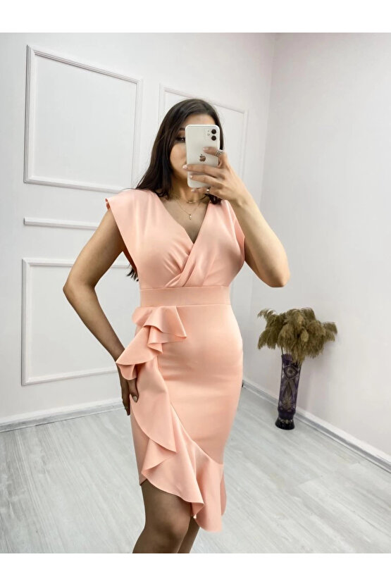 MDB cuba Kumaş Önü Fırfırlı Midi Boy Elbise