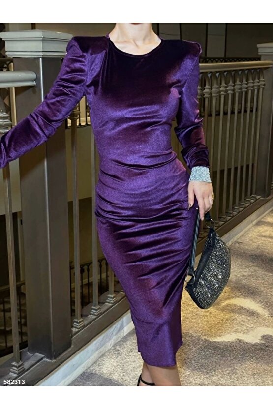 Kadın Bisiklet Yaka Vatkalı anşet Detay Kadife Kumaş idi Boy Elbise