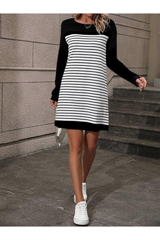 Kadın Bisiklet Yaka Uzun Kol çizgili Iki Iplik Kumaş Mini Boy Elbise