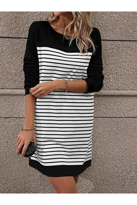 Kadın Bisiklet Yaka Uzun Kol çizgili Iki Iplik Kumaş Mini Boy Elbise