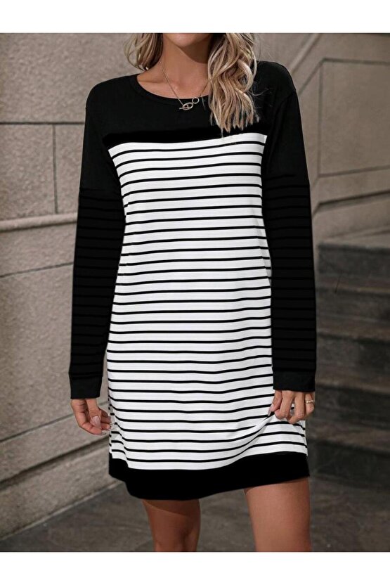 Kadın Bisiklet Yaka Uzun Kol çizgili Iki Iplik Kumaş Mini Boy Elbise