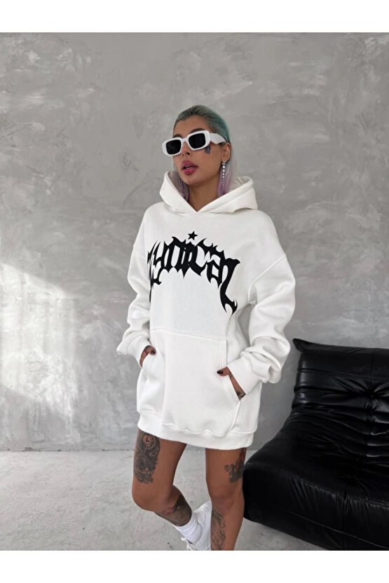 Unisex Üç İplik Kapşonlu Baskılı weathirt Beyaz