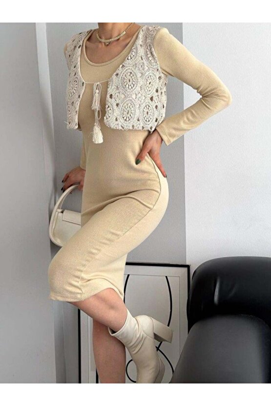 Kadın Bisiklet Yaka Midi Boy Elbise Ve Dantel Güpür Detay Yelek Fırsat ürün Ikili Takım