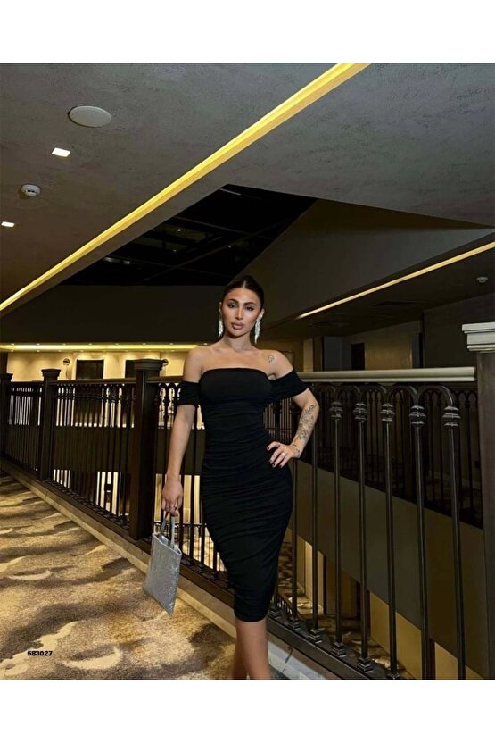 Kadın adonna Yaka Sandy Kumaş Büzgü Detay idi Boy Elbise