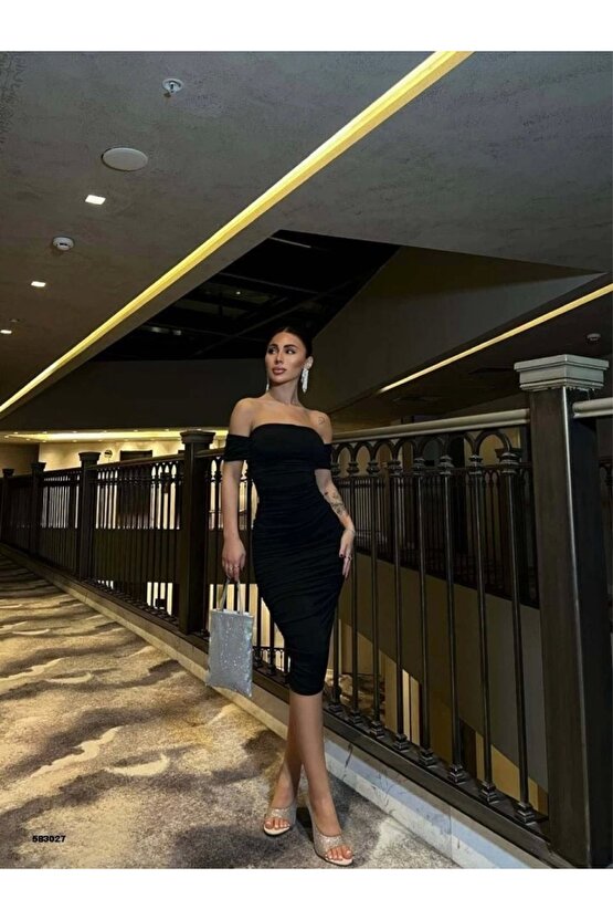 Kadın adonna Yaka Sandy Kumaş Büzgü Detay idi Boy Elbise