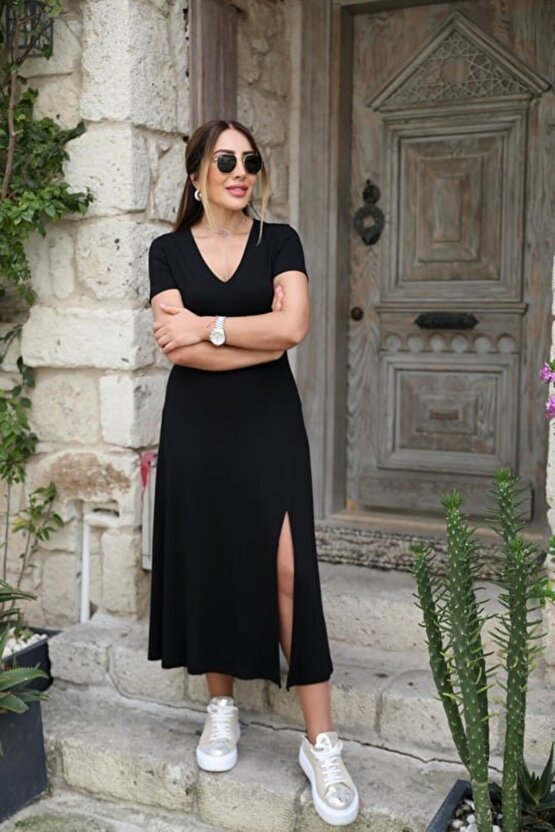 Gökyüzü Moda Kadın Kısa Kollu V Yaka Maxi Boy Elbise 124 Cm