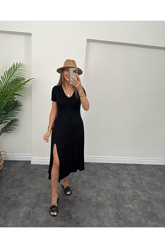 Gökyüzü Moda Kadın Kısa Kollu V Yaka Maxi Boy Elbise 124 Cm