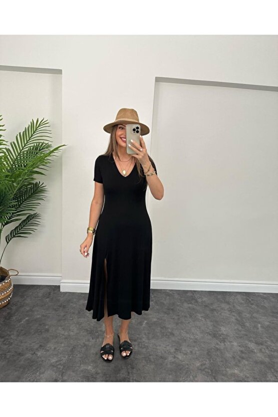 Gökyüzü Moda Kadın Kısa Kollu V Yaka Maxi Boy Elbise 124 Cm