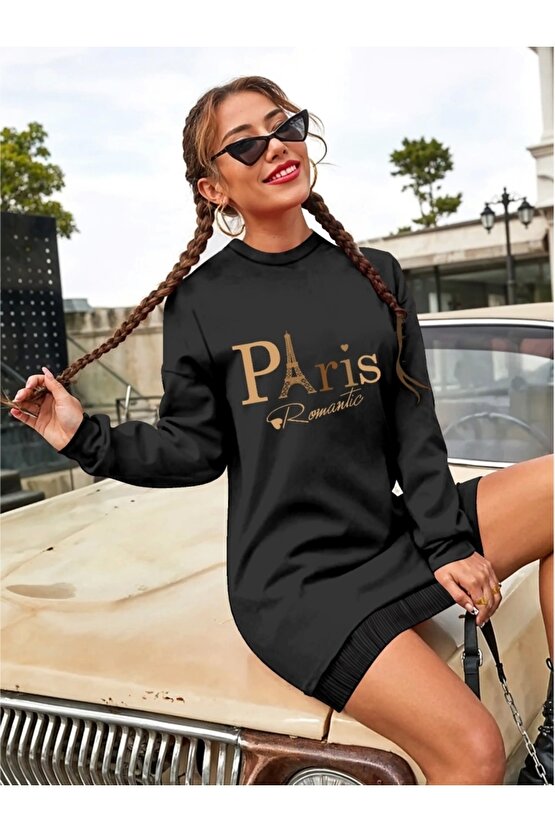 Kadın Uzun Kollu Bisiklet Yaka Yazılı Kısa Viskon Iki Iplik Elbise