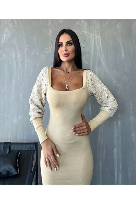 Kadın Kare Yaka Kolları anşet Ve Tül Detay Fırsat ürün idi Boy Elbise