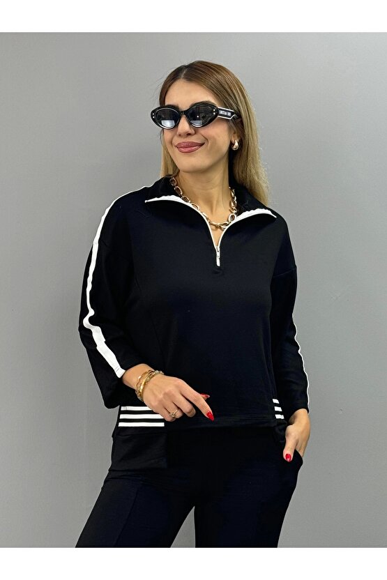 Kadın Polo Yaka Paça Yırtmaçlı Ribanalı İkili Takım