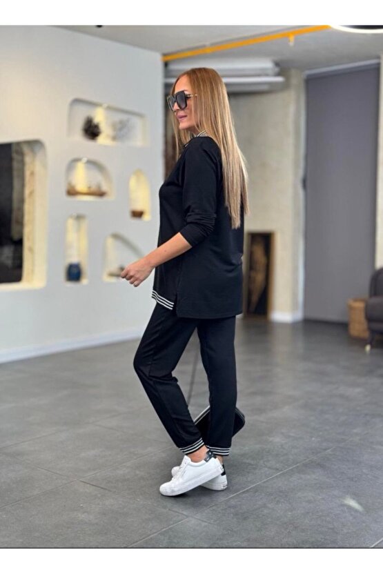 Gökyüzü Moda Kadın Uzun Kollu Ribana Ve Fermuar Detay Bluz Ve Yüksel Bel Pantolon 2li Takım