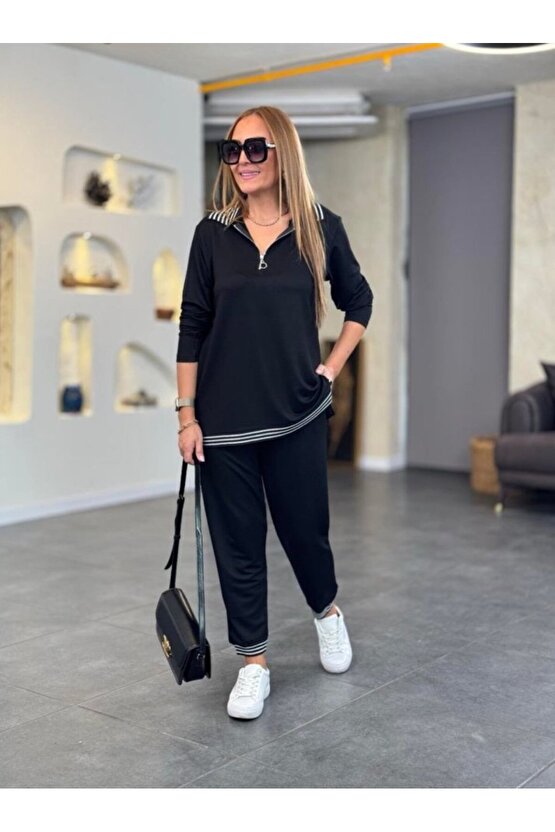 Gökyüzü Moda Kadın Uzun Kollu Ribana Ve Fermuar Detay Bluz Ve Yüksel Bel Pantolon 2li Takım