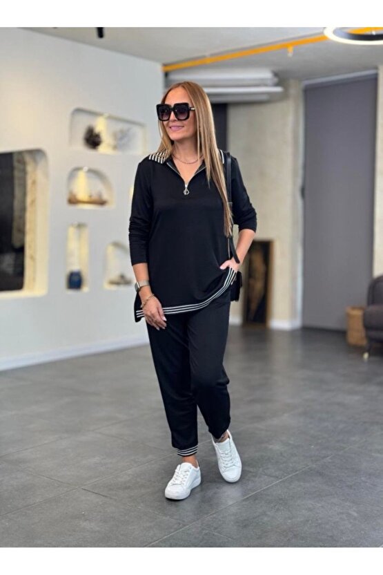 Gökyüzü Moda Kadın Uzun Kollu Ribana Ve Fermuar Detay Bluz Ve Yüksel Bel Pantolon 2li Takım