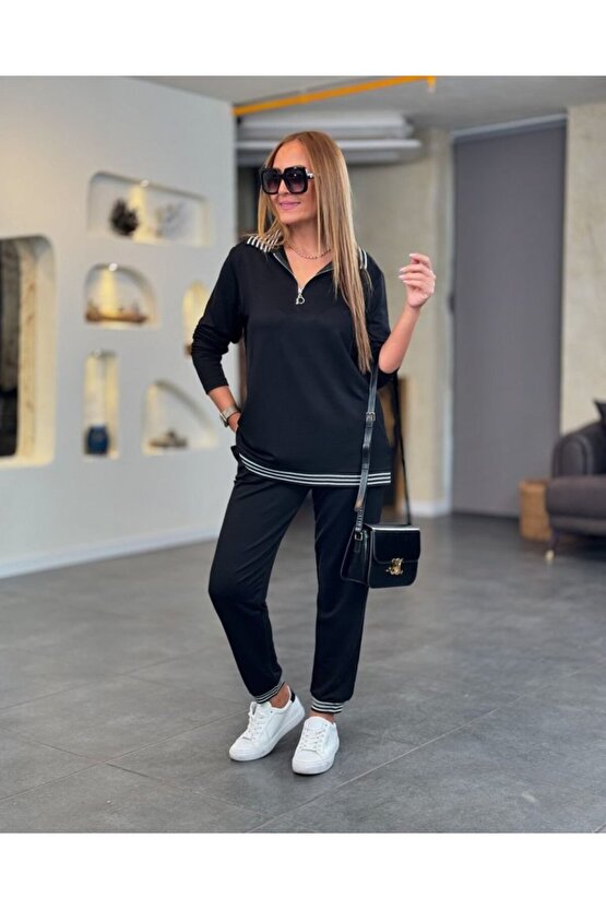 Gökyüzü Moda Kadın Uzun Kollu Ribana Ve Fermuar Detay Bluz Ve Yüksel Bel Pantolon 2li Takım