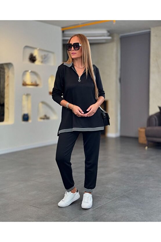 Gökyüzü Moda Kadın Uzun Kollu Ribana Ve Fermuar Detay Bluz Ve Yüksel Bel Pantolon 2li Takım